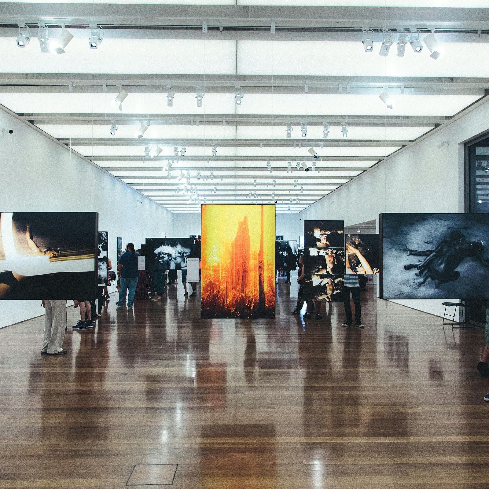 An expansive room filled with a diverse collection of paintings hanging from the ceiling.